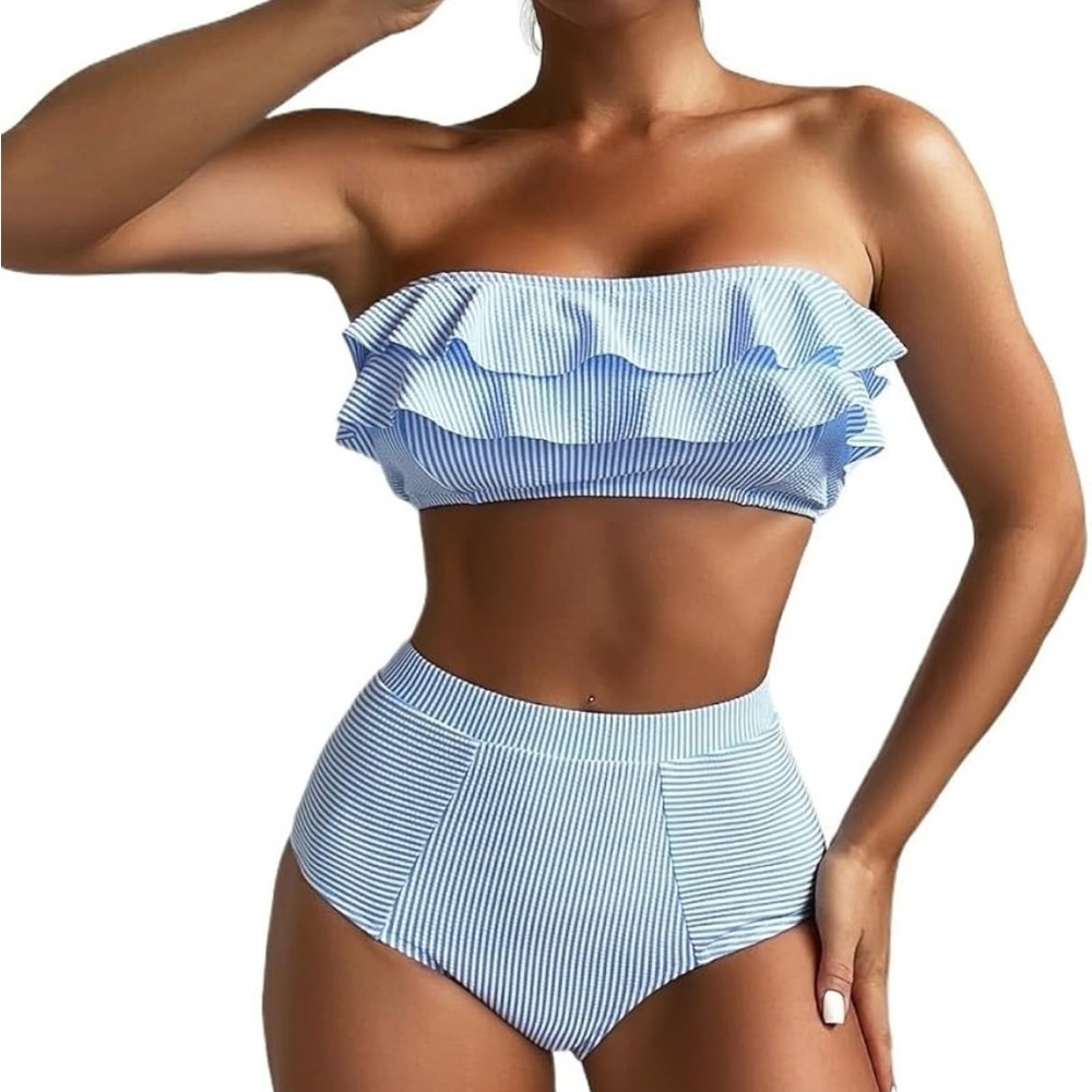 Striped Blue Bandeau Bikini Set